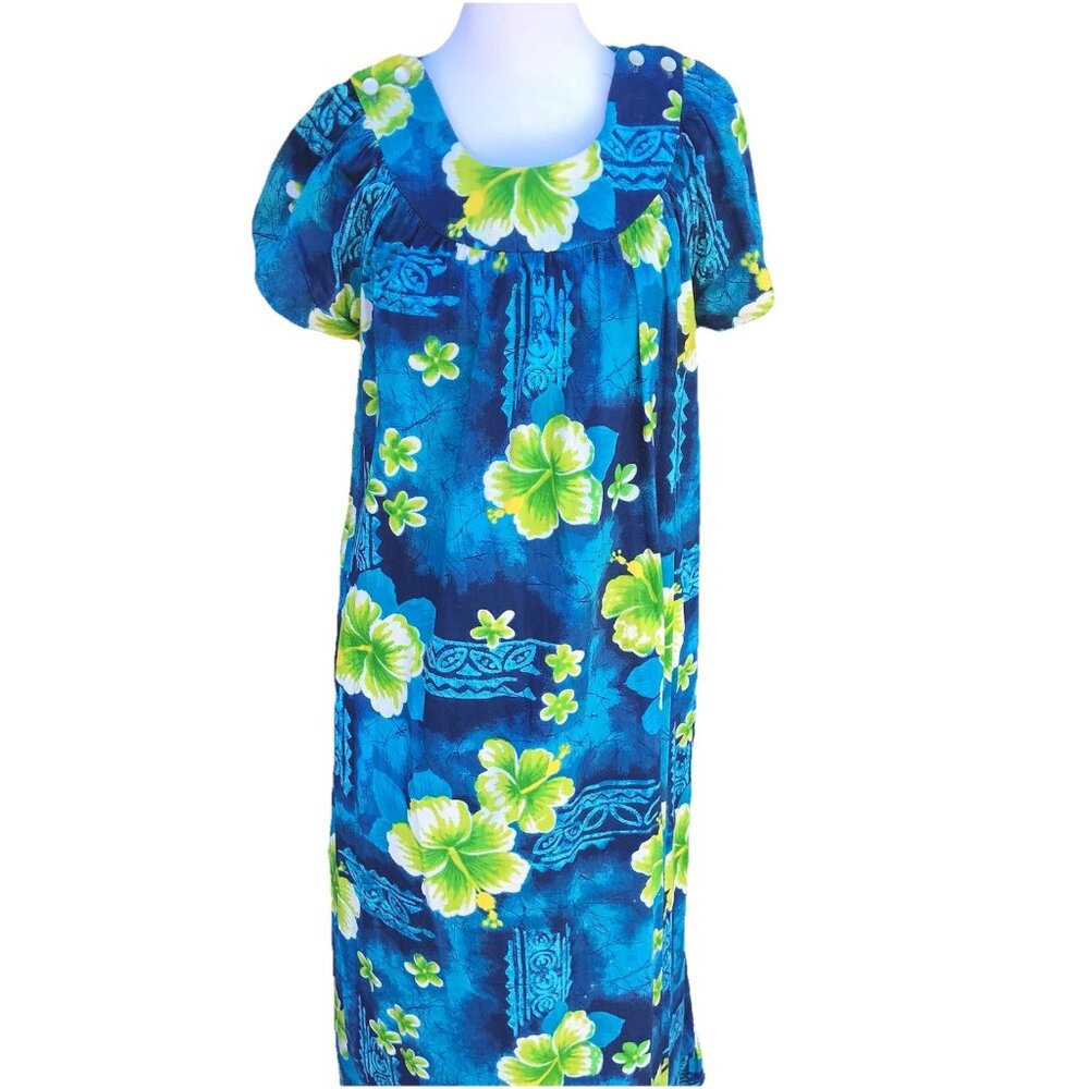 VTG Wards Med Hawaiian Dress Women’s Maxi Mu Mu Hibiscus USA Tiki 80s Blue Gree
